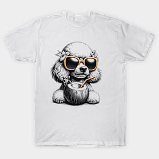 poodle dog wearing oversized sunglasses and sipping a coconut drink T-Shirt